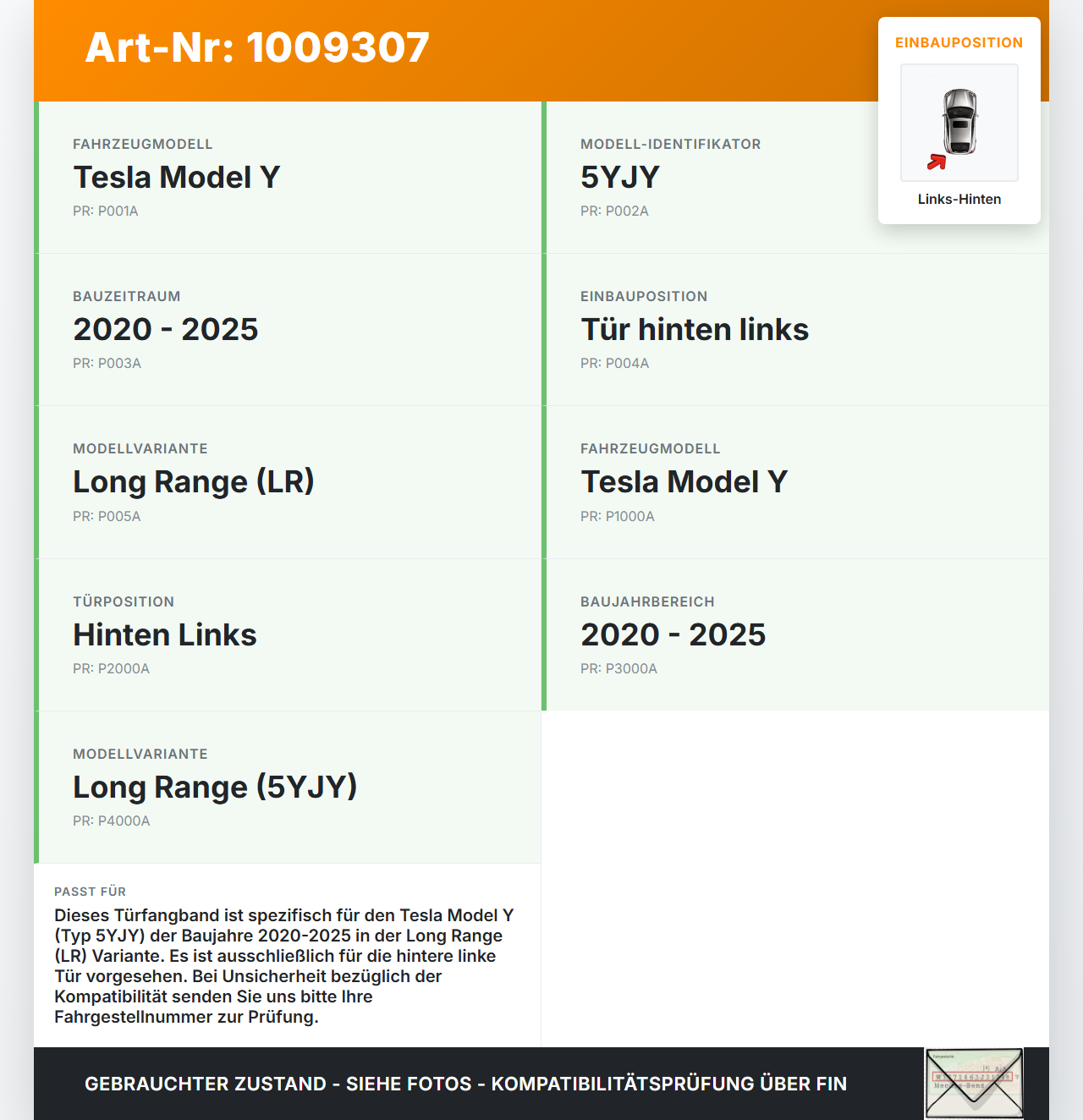 Tesla Model Y LR 20-25 5YJY Türfangband Türbremse Türanschlag Links Hinten Tesla Model Y LR 20-25 5YJY 01.06.2023... Vorschau 3
