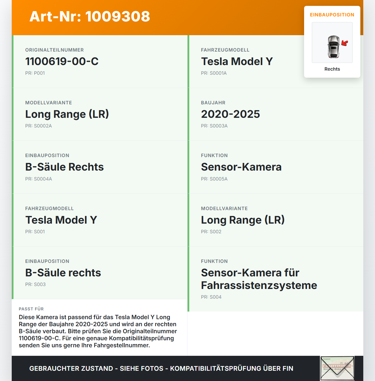 Tesla Model Y LR 20-25 5YJY  EV  378KW Kamera für B-Säule Sensor Rechts Tesla Model Y LR 20-25 5YJY 01.06.2023... Vorschau 3
