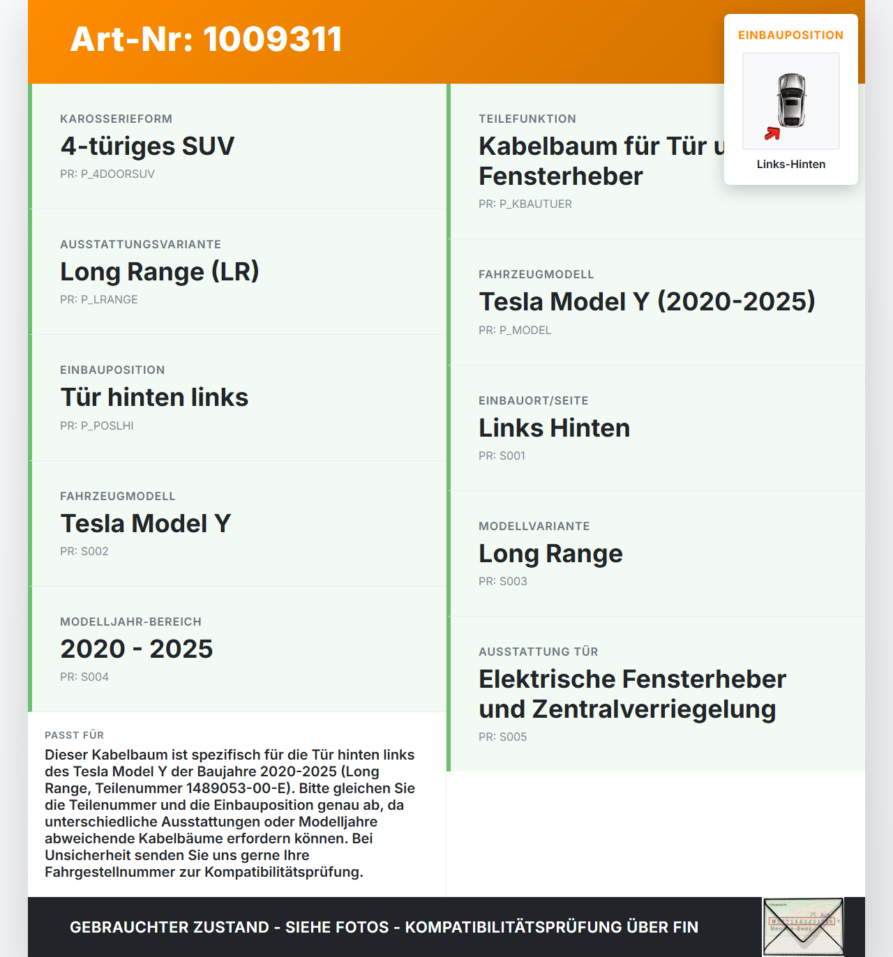 Tesla Model Y LR 20-25 5YJY Kabelbaum für Tür und Fensterheber Links Hinten Tesla Model Y LR 20-25 5YJY 01.06.2023... Vorschau 3