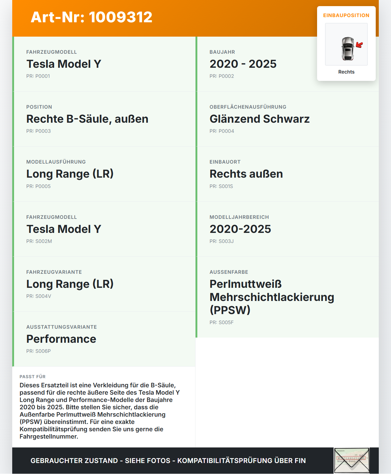 Tesla Model Y LR 20-25 5YJY Verkleidung für B-Säule Rechts aussen PPSW Tesla Model Y LR 20-25 5YJY 01.06.2023... Vorschau 3