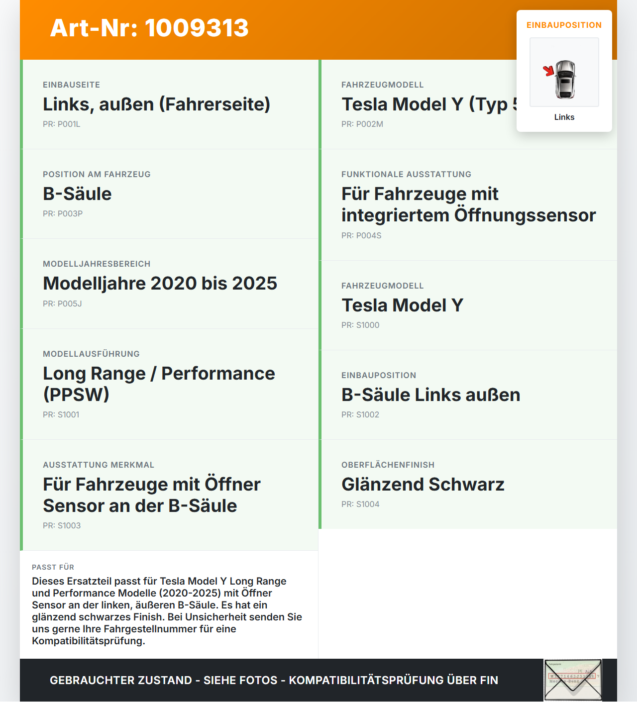 Tesla Model Y LR 20-25 5YJY Verkleidung für B-Säule Links aussen Öffner Sensor PPSW Tesla Model Y LR 20-25 5YJY... Vorschau 3