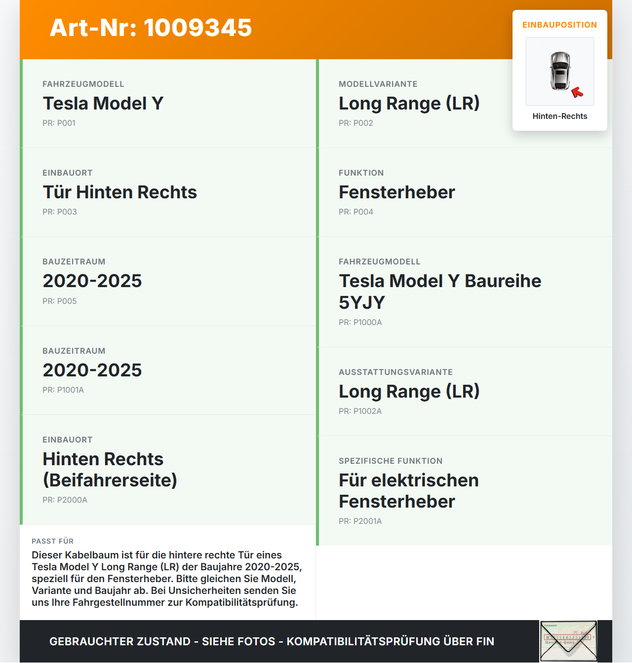 Tesla Model Y LR 20-25 5YJY Kabelbaum Leitungssatz für Tür und Fensterheber Hinten Rechts Tesla Model Y LR 20-25... Vorschau 3