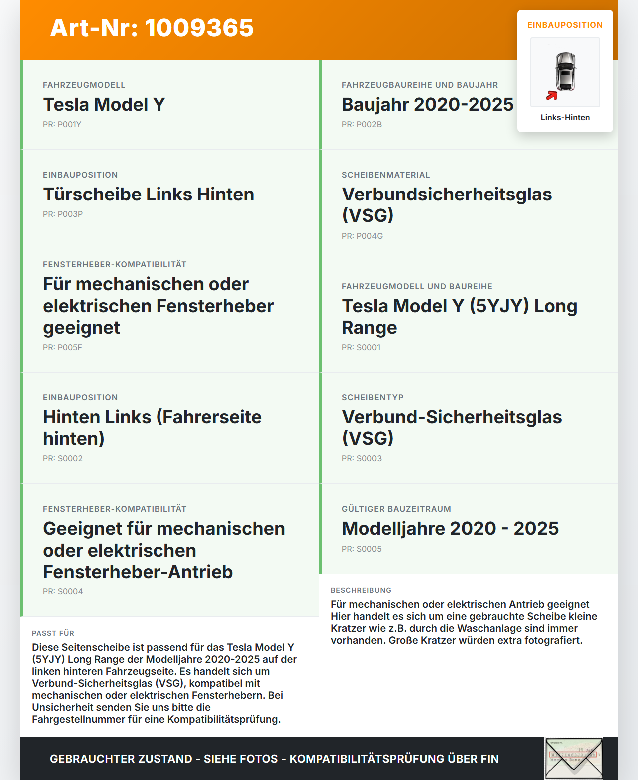 Tesla Model Y LR 20-25 5YJY Seitenscheibe LHK VSG für Türscheibe Fenster Links Hinten Tesla Model Y LR 20-25 5YJY... Vorschau 3