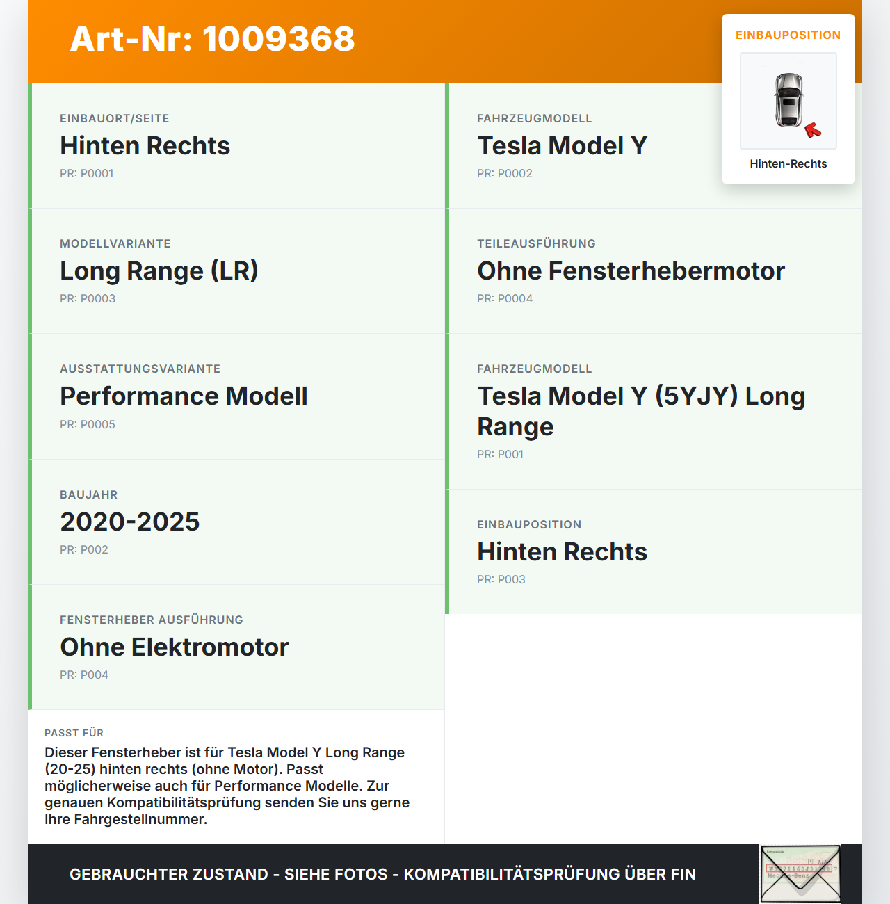 Tesla Model Y LR 20-25 5YJY Fensterheber o. FH-Motor Hinten Rechts Tesla Model Y LR 20-25 5YJY 01.06.2023... Vorschau 3