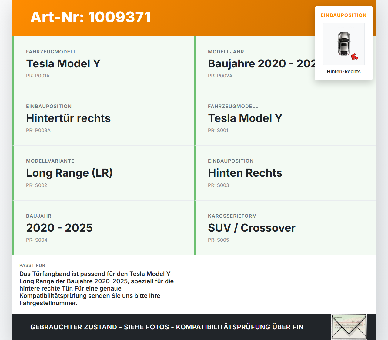 Tesla Model Y LR 20-25 5YJY Türfangband Türbremse Türstopper Hinten Rechts Tesla Model Y LR 20-25 5YJY 01.06.2023... Vorschau 3