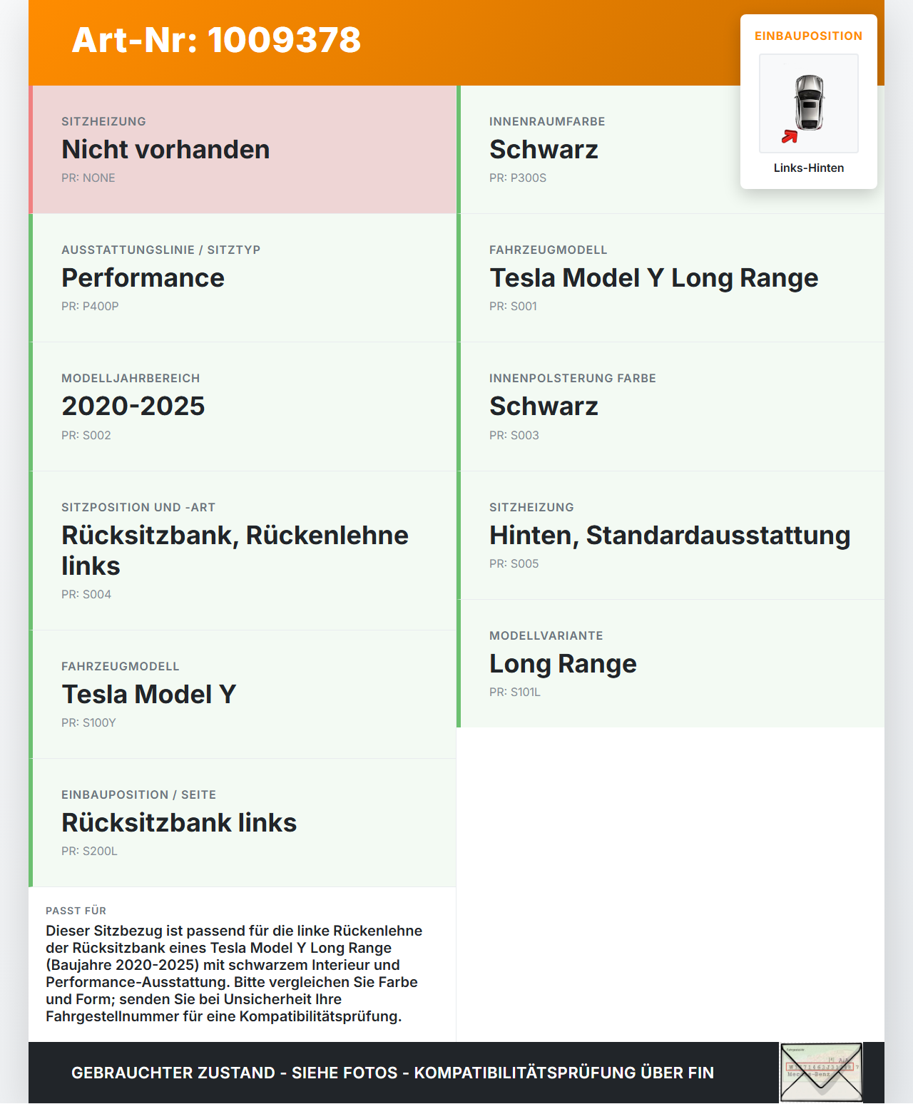 Tesla Model Y LR 20-25 5YJY Sitzbezug Rückenpolster Links für Rücksitzbank Hinten Tesla Model Y LR 20-25 5YJY... Vorschau 3