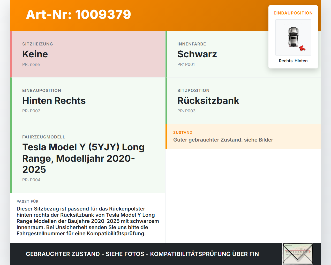Tesla Model Y LR 20-25 5YJY Sitzbezug Rückenpolster Rechts für Rücksitzbank Hinten Tesla Model Y LR 20-25 5YJY... Vorschau 3