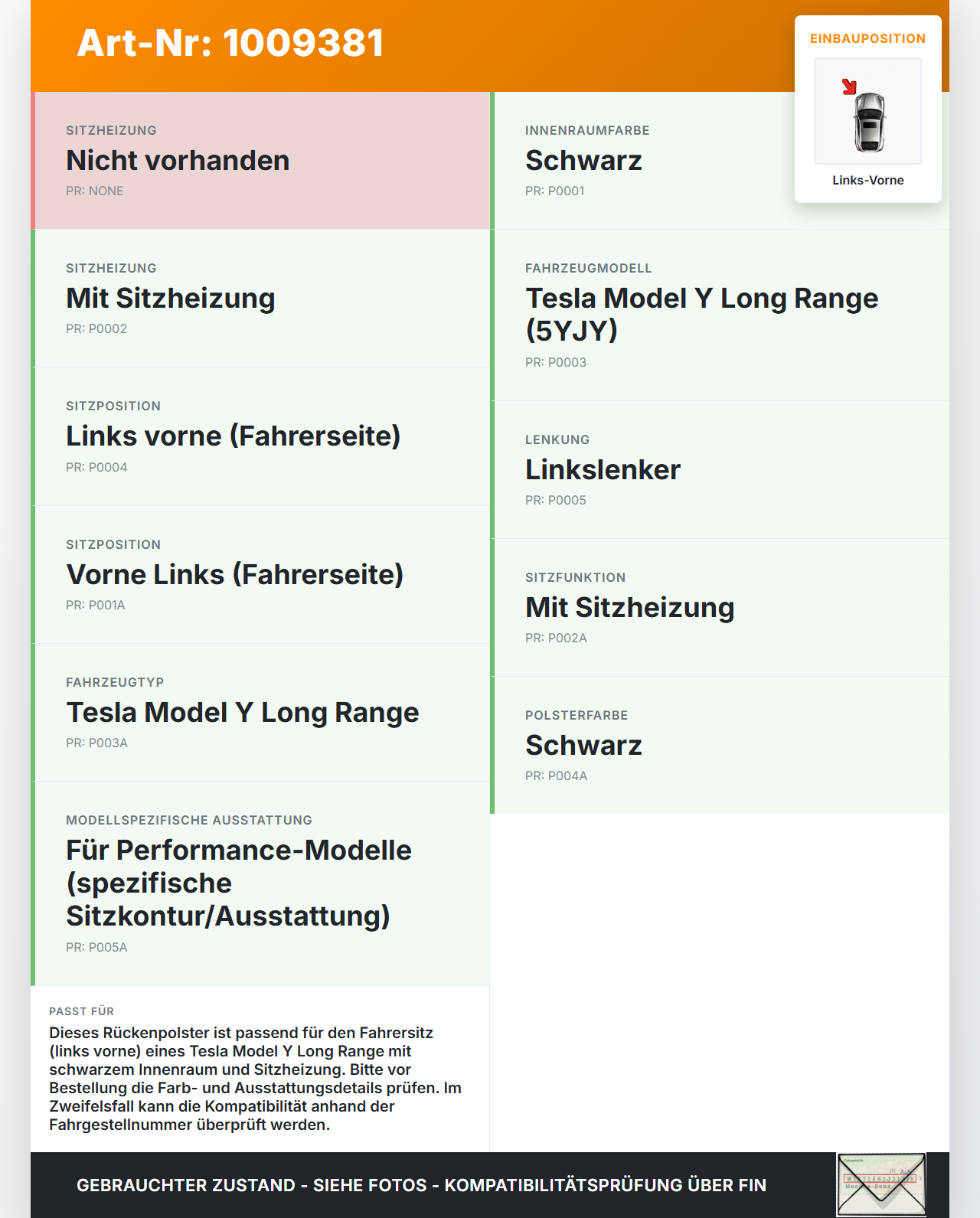 Tesla Model Y LR 20-25 5YJY Sitzbezug Rückenpolster Links Vorne für Fahrer Sitz beheizt Tesla Model Y LR 20-25 5YJY... Vorschau 3