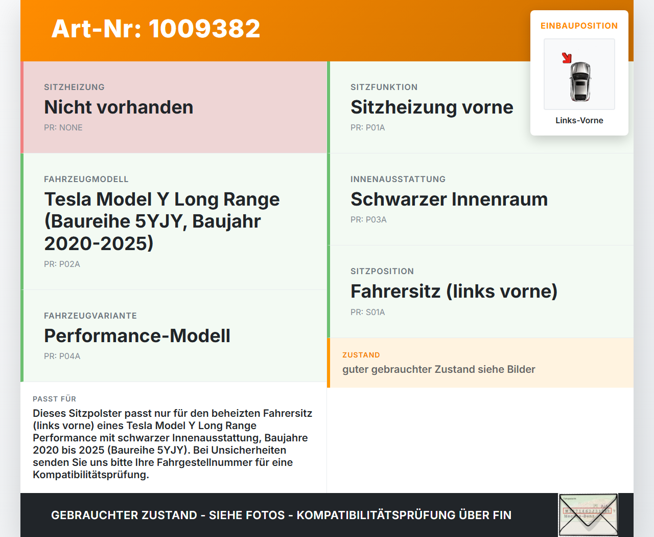 Tesla Model Y LR 20-25 5YJY Sitzbezug Sitzpolster für Fahrersitz Sitz Links Vorne beheizt Tesla Model Y LR 20-25... Vorschau 3