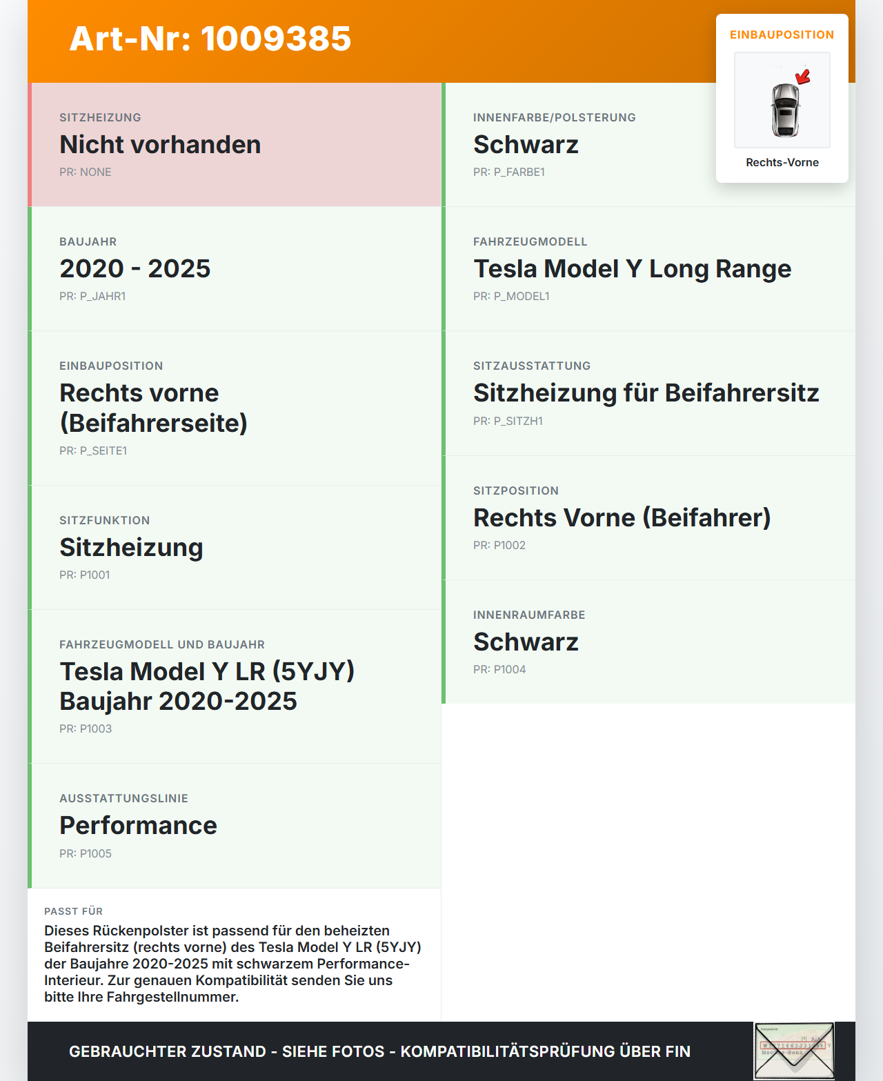 Tesla Model Y LR 20-25 5YJY Sitzbezug Rückenpolster Rechts Vorne für Beifahrer Sitz beheizt Tesla Model Y LR 20-25... Vorschau 3