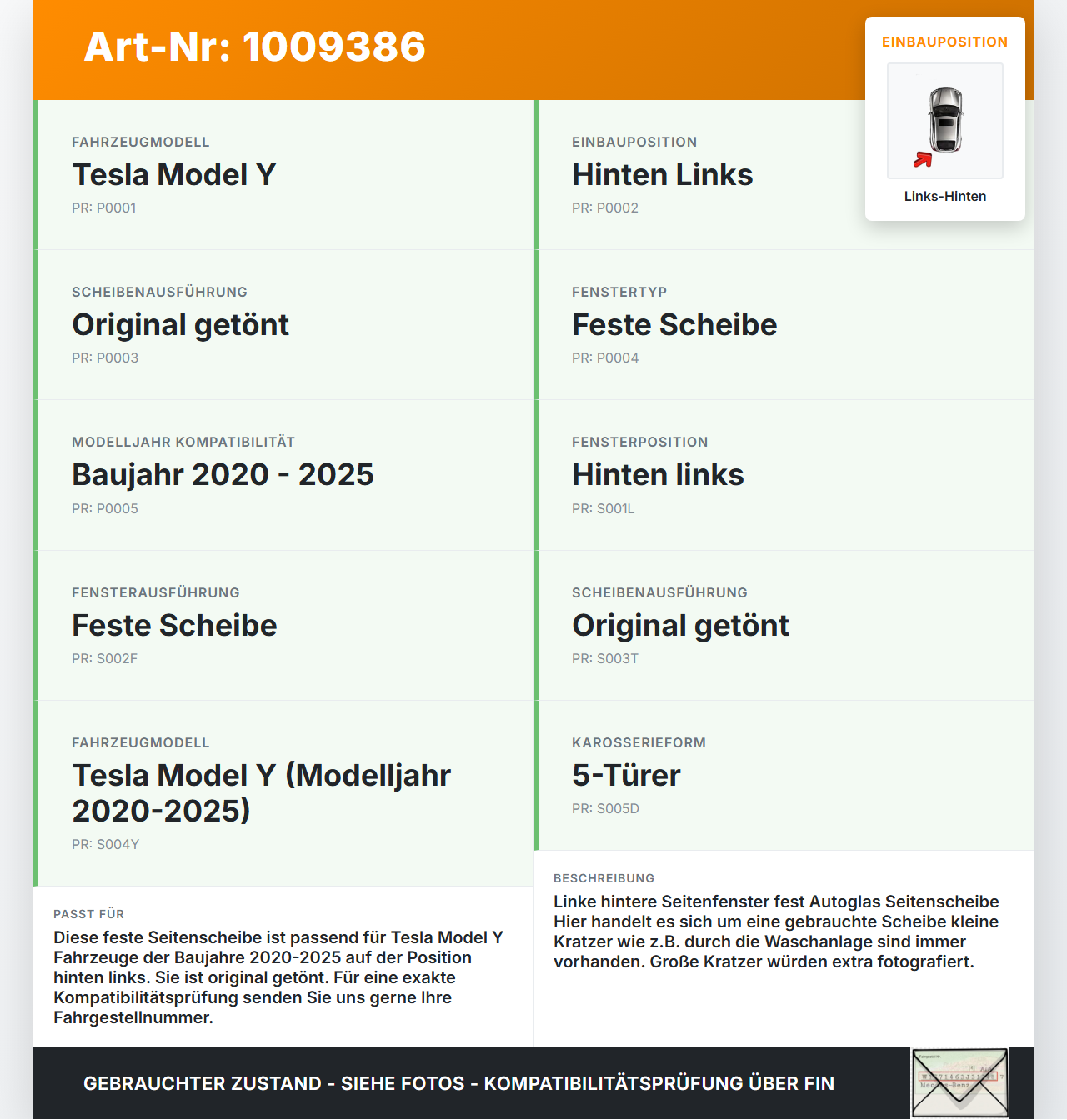 Tesla Model Y LR 20-25 5YJY Seitenscheibe Feste Scheibe Links Hinten Orig. getönt Tesla Model Y LR 20-25 5YJY... Vorschau 3