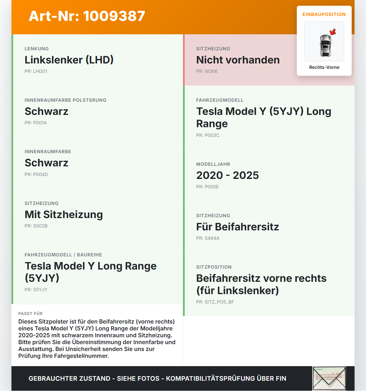 Tesla Model Y LR 20-25 5YJY Sitzbezug Sitzpolster für Beifahrersitz Rechts Vorne beheizt Tesla Model Y LR 20-25... Vorschau 3