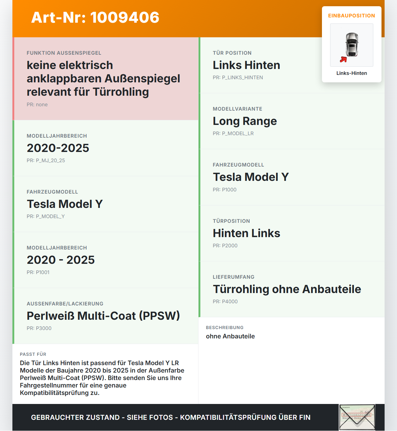 Tesla Model Y LR 20-25 5YJY Tür Links Hinten PPSW Tesla Model Y LR 20-25 5YJY 01.06.2023 1641704-ED-A gebraucht Vorschau 3
