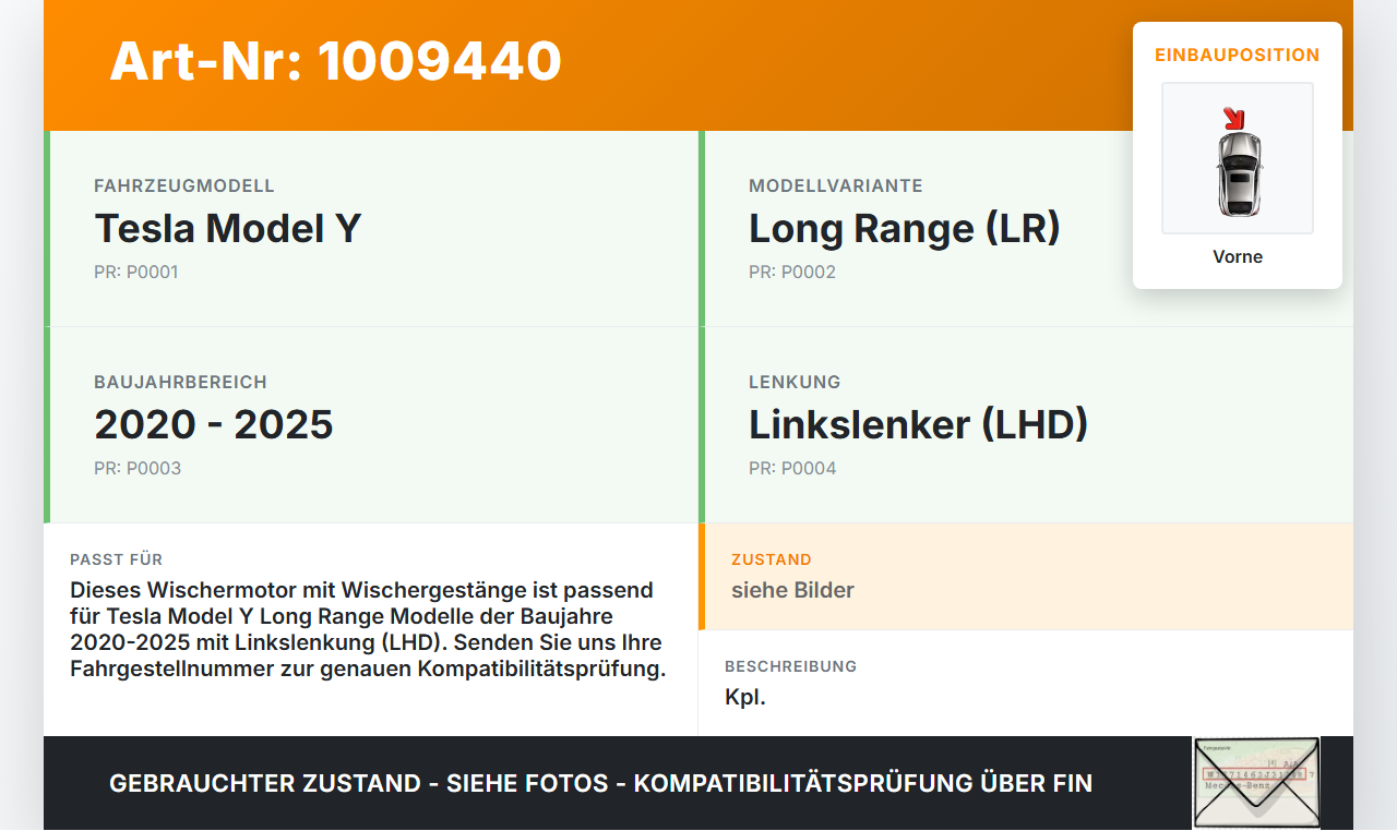 Tesla Model Y LR 20-25 5YJY Wischermotor mit Wischergestänge Vorne Tesla Model Y LR 20-25 5YJY 01.06.2023... Vorschau 3