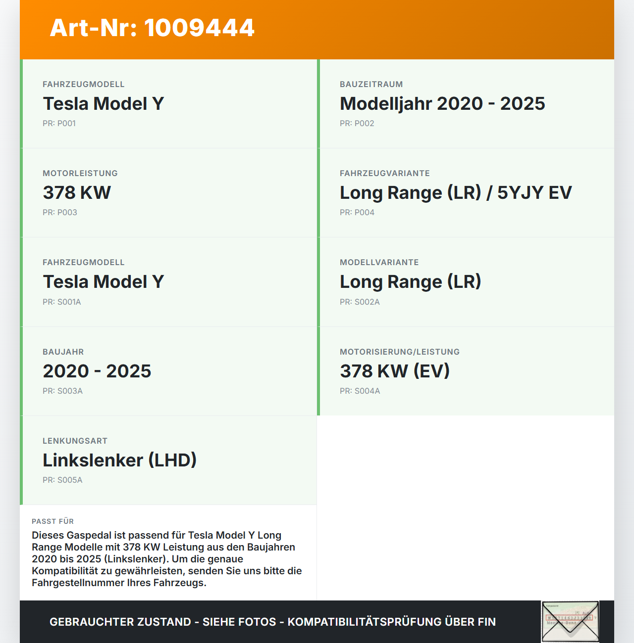 Tesla Model Y LR 20-25 5YJY  EV  378KW Gaspedal Gaswertgeber Fahrpedalmodul Tesla Model Y LR 20-25 5YJY 01.06.2023... Vorschau 3