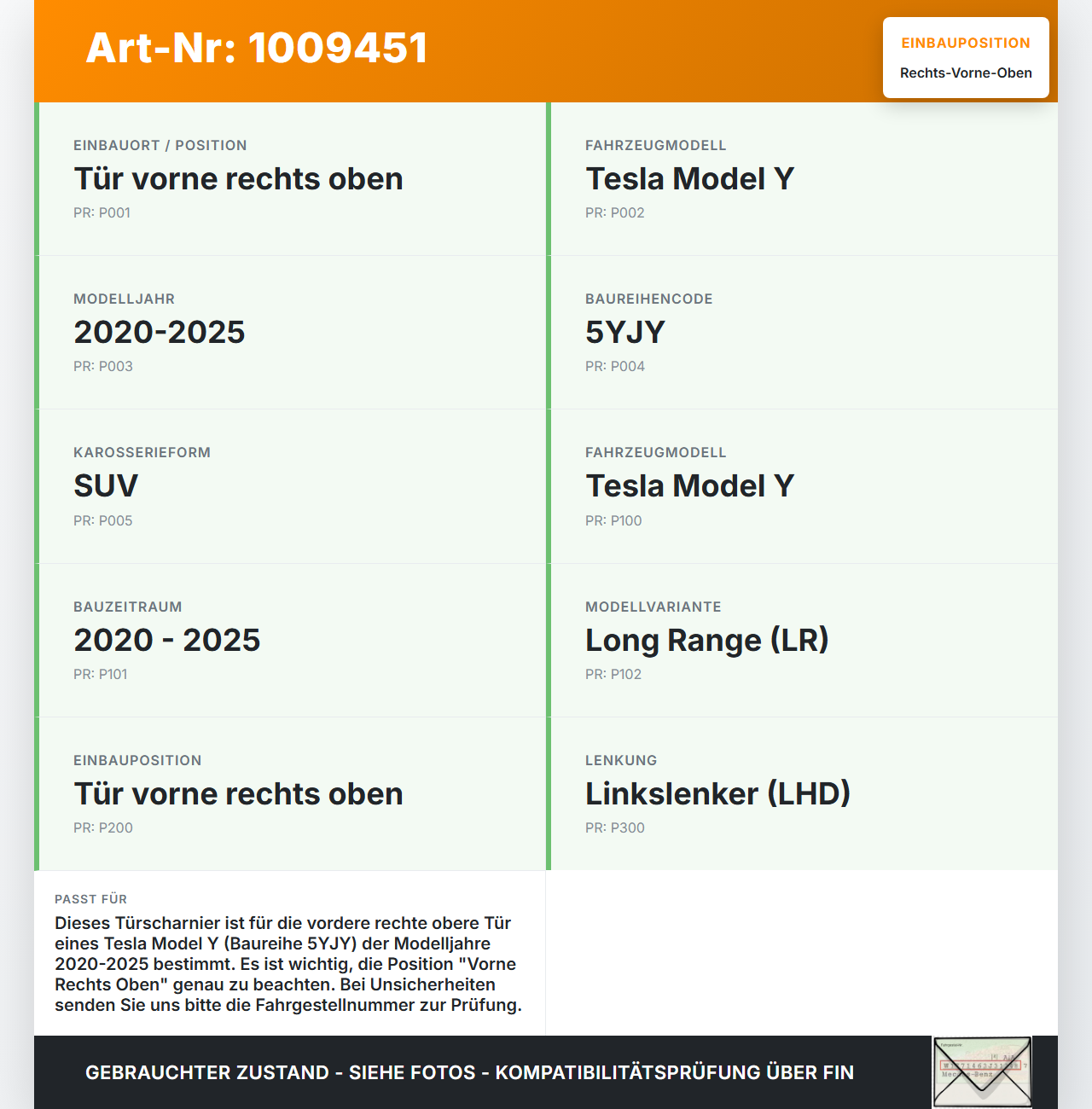 Tesla Model Y LR 20-25 5YJY Türscharnier Scharnier für Tür Rechts Vorne Oben Tesla Model Y LR 20-25 5YJY 01.06.2023... Vorschau 3