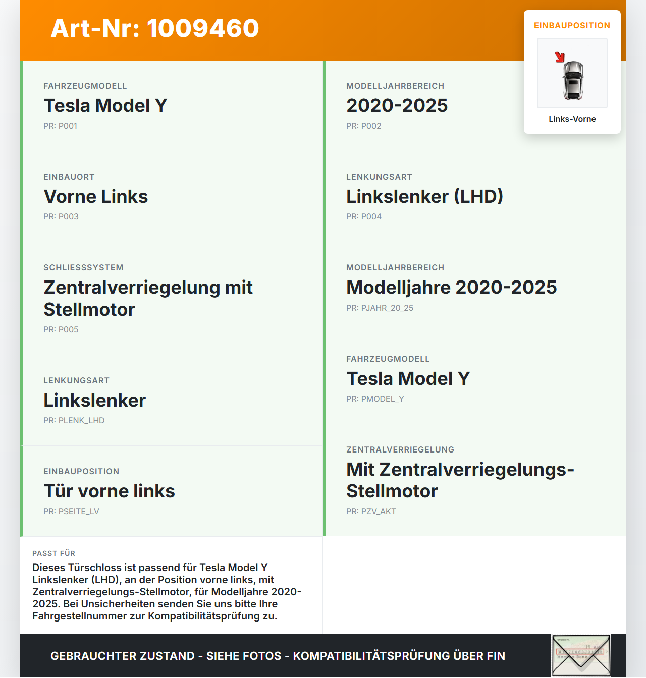 Tesla Model Y LR 20-25 5YJY Türschloss m. ZV Stellmotor Links Vorne Tesla Model Y LR 20-25 5YJY 01.06.2023... Vorschau 3