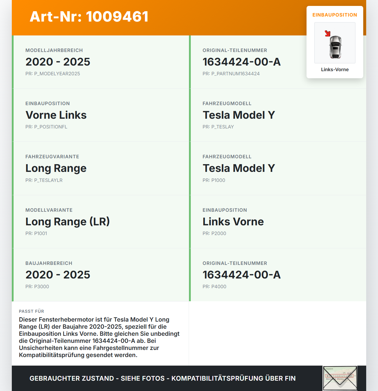 Tesla Model Y LR 20-25 5YJY Fensterhebermotor Links Vorne Tesla Model Y LR 20-25 5YJY 01.06.2023 1634424-00-A gebraucht Vorschau 3