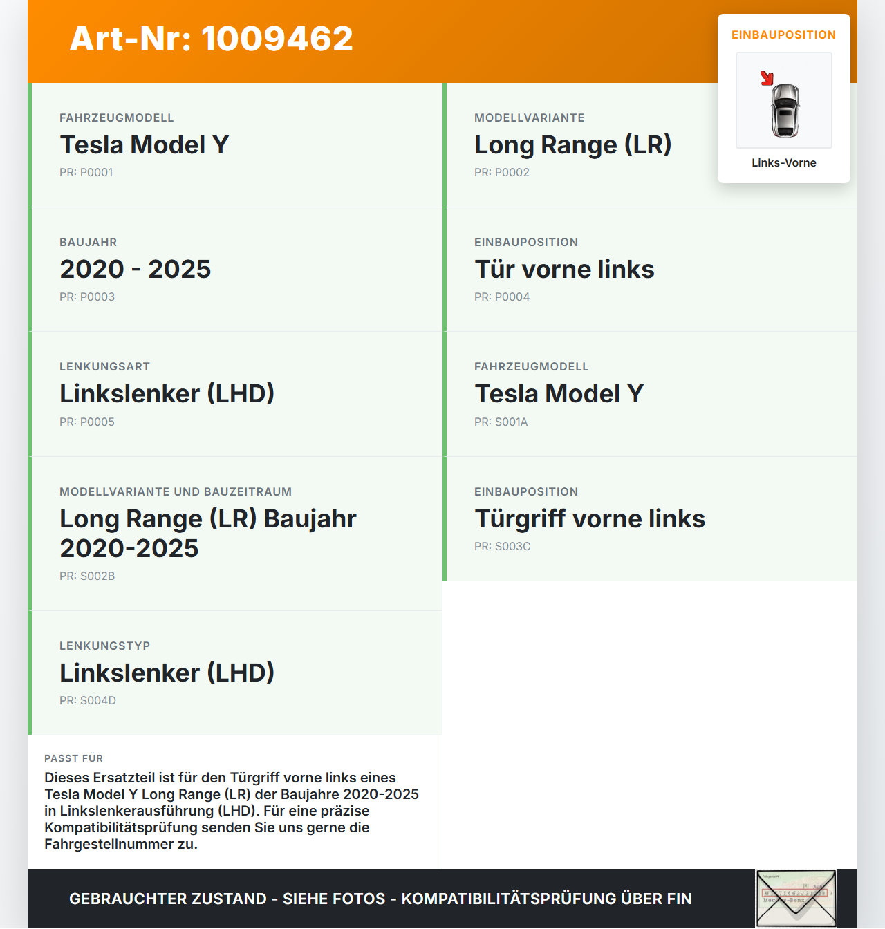 Tesla Model Y LR 20-25 5YJY Bowdenzug für Türgriff Links Vorne Tesla Model Y LR 20-25 5YJY 01.06.2023 1528114-00-D... Vorschau 3