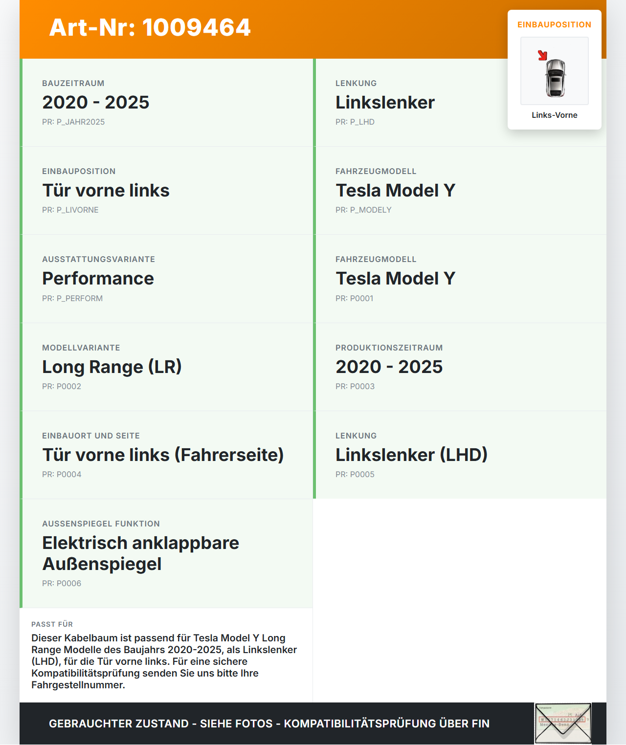 Tesla Model Y LR 20-25 5YJY Kabelbaum Tür und Fensterheber Links Vorne Tesla Model Y LR 20-25 5YJY 01.06.2023... Vorschau 3
