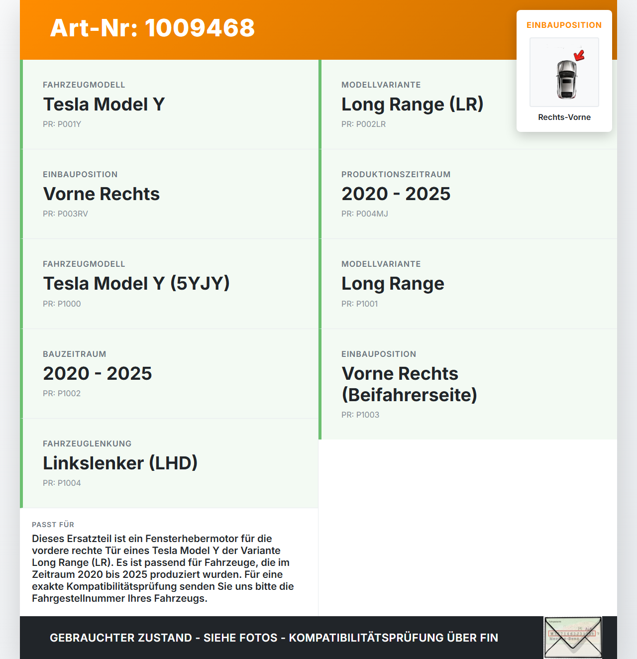 Tesla Model Y LR 20-25 5YJY Fensterhebermotor Rechts Vorne Tesla Model Y LR 20-25 5YJY 01.06.2023 C071822... Vorschau 3