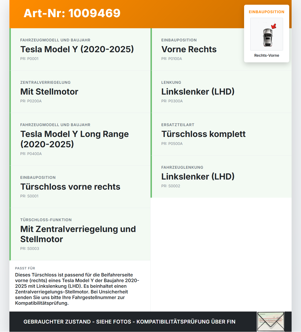 Tesla Model Y LR 20-25 5YJY Türschloss m. ZV Stellmotor Rechts Vorne Tesla Model Y LR 20-25 5YJY 01.06.2023... Vorschau 3