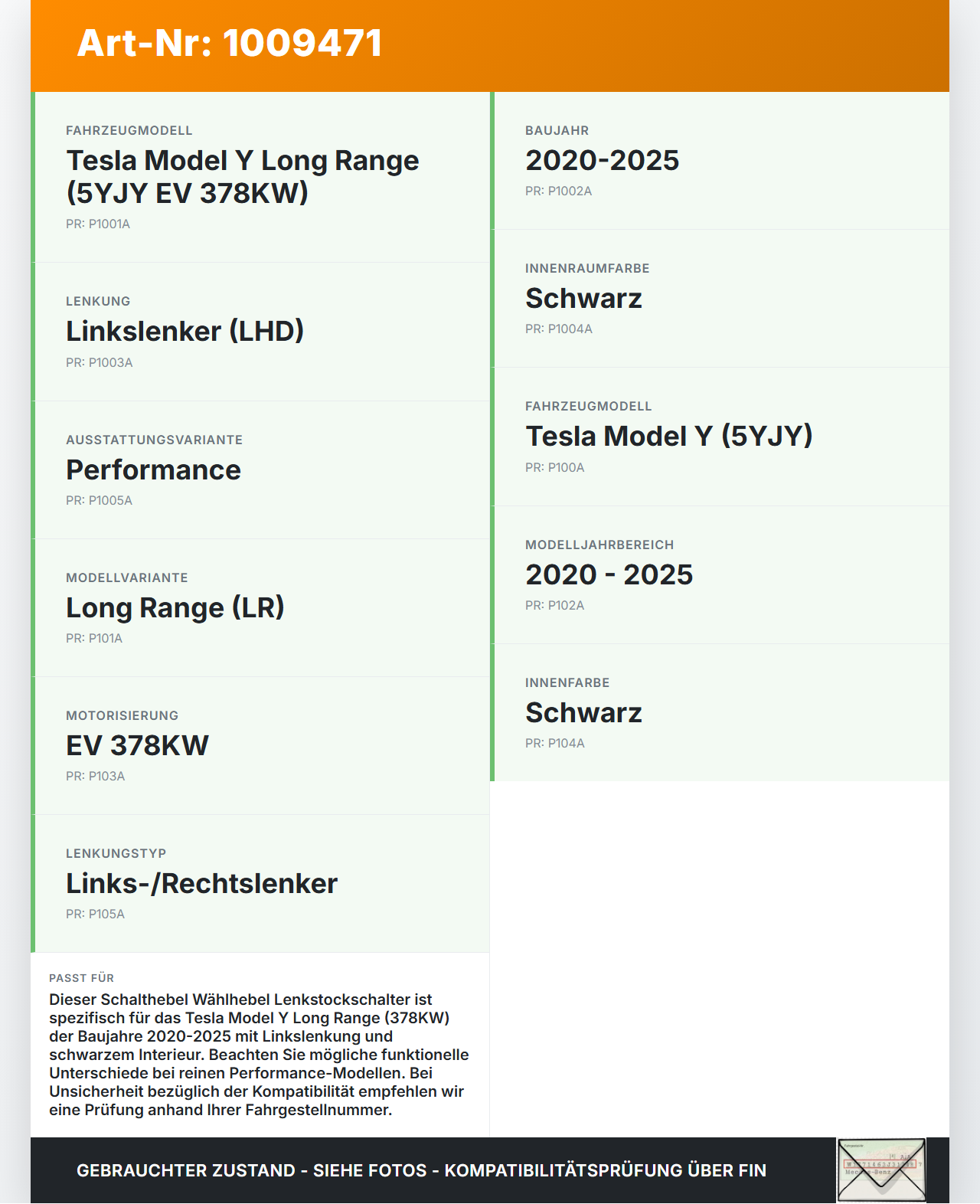 Tesla Model Y LR 20-25 5YJY  EV  378KW Schalthebel Wählhebel Lenkstockschalter Tesla Model Y LR 20-25 5YJY... Vorschau 3