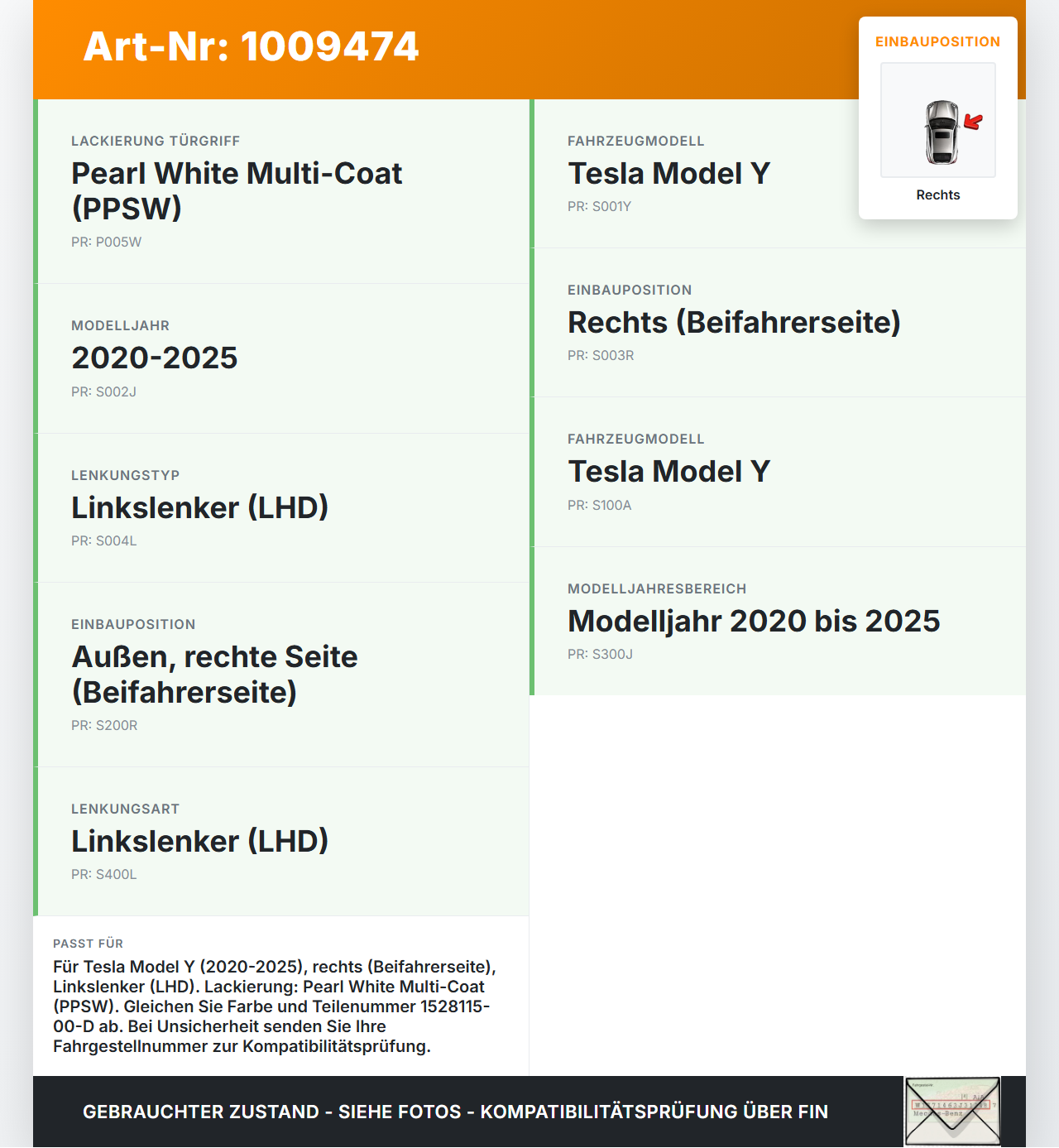 Tesla Model Y LR 20-25 5YJY Türgriff Griff aussen Rechts PPSW Tesla Model Y LR 20-25 5YJY 01.06.2023 1528115-00-D... Vorschau 3