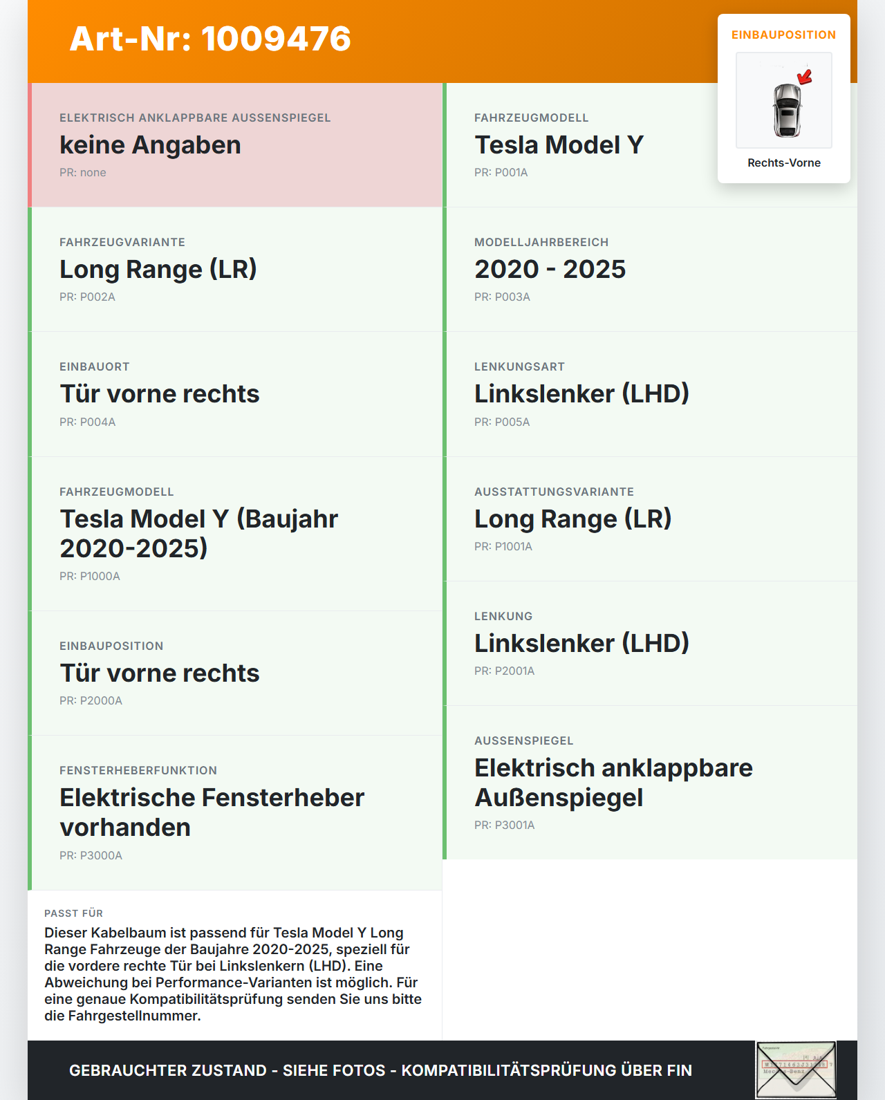 Tesla Model Y LR 20-25 5YJY Kabelbaum für Tür und Fensterheber Rechts Vorne Tesla Model Y LR 20-25 5YJY 01.06.2023... Vorschau 3