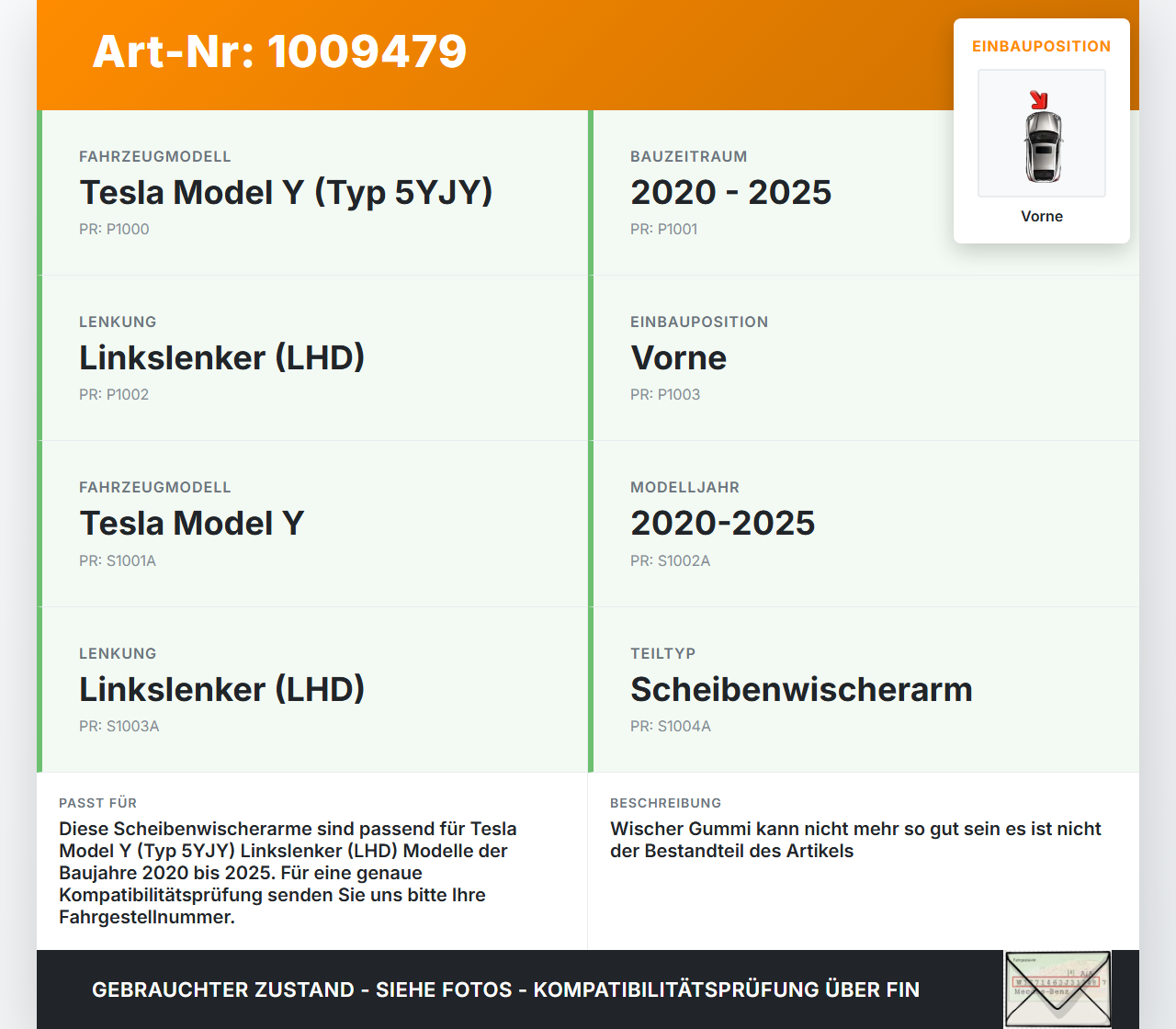 Tesla Model Y LR 20-25 5YJY 2x Scheibenwischer Wischarm Vorne Tesla Model Y LR 20-25 5YJY 01.06.2023 gebraucht Vorschau 3