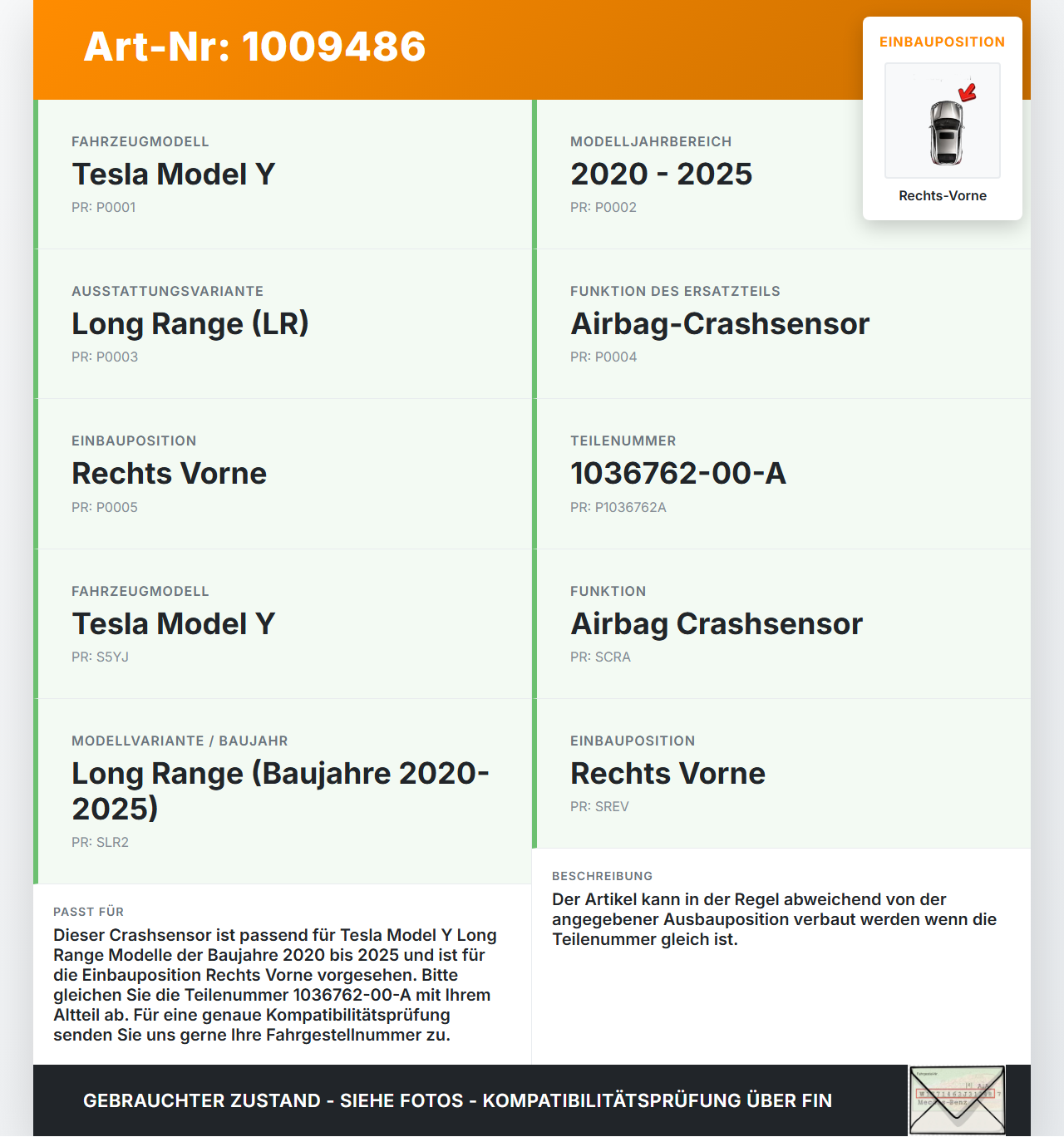 Tesla Model Y LR 20-25 5YJY Sensor für Airbag Crashsensor Airbagsensor Rechts Vorne Tesla Model Y LR 20-25 5YJY... Vorschau 3