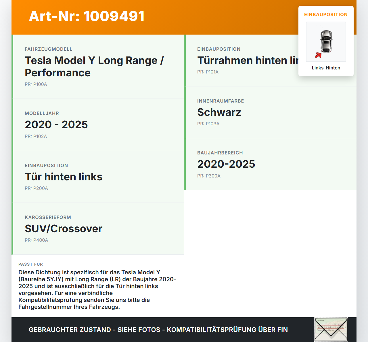 Tesla Model Y LR 20-25 5YJY Dichtung für Rahmen Tür Links Hinten Tesla Model Y LR 20-25 5YJY 01.06.2023... Vorschau 3