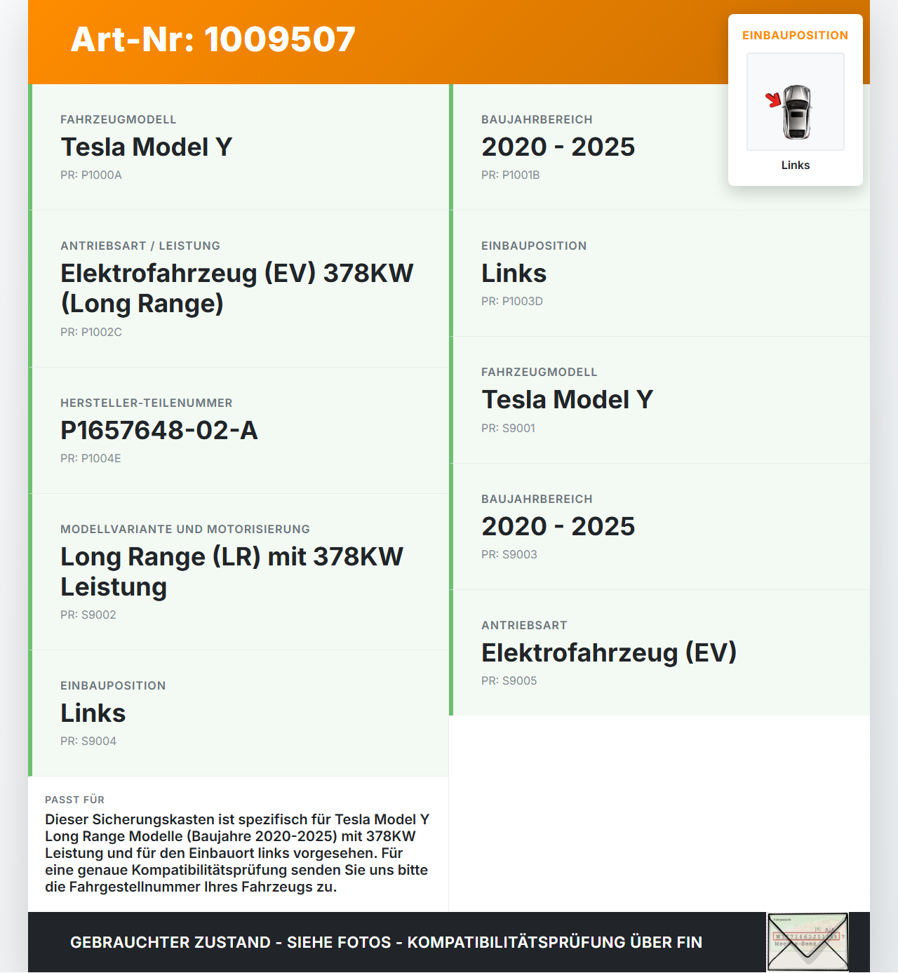 Tesla Model Y LR 20-25 5YJY  EV  378KW Sicherungskasten Zentralelektrik Links Tesla Model Y LR 20-25 5YJY... Vorschau 3