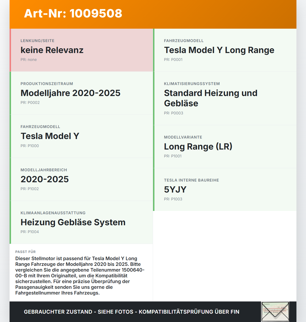 Tesla Model Y LR 20-25 5YJY Stellmotor für Heizung Gebläse Tesla Model Y LR 20-25 5YJY 01.06.2023 1500640-00-B gebraucht Vorschau 3