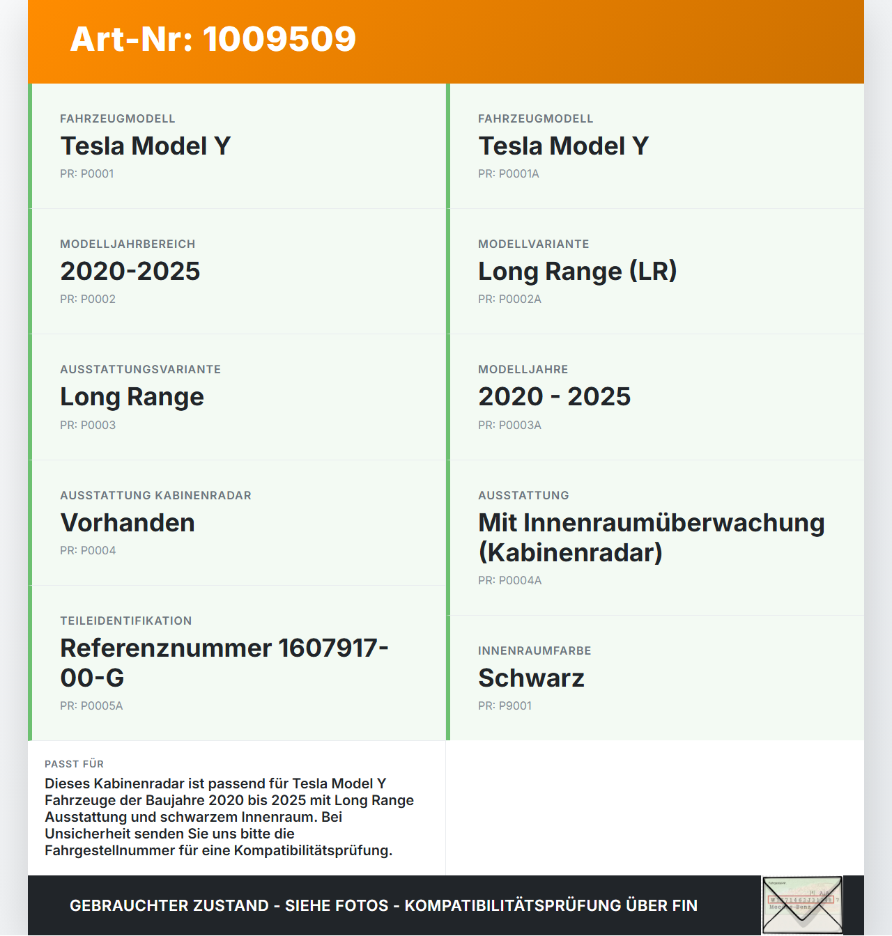 Tesla Model Y LR 20-25 5YJY Kabinenradar Innenraum Tesla Model Y LR 20-25 5YJY 01.06.2023 1607917-00-G gebraucht Vorschau 3