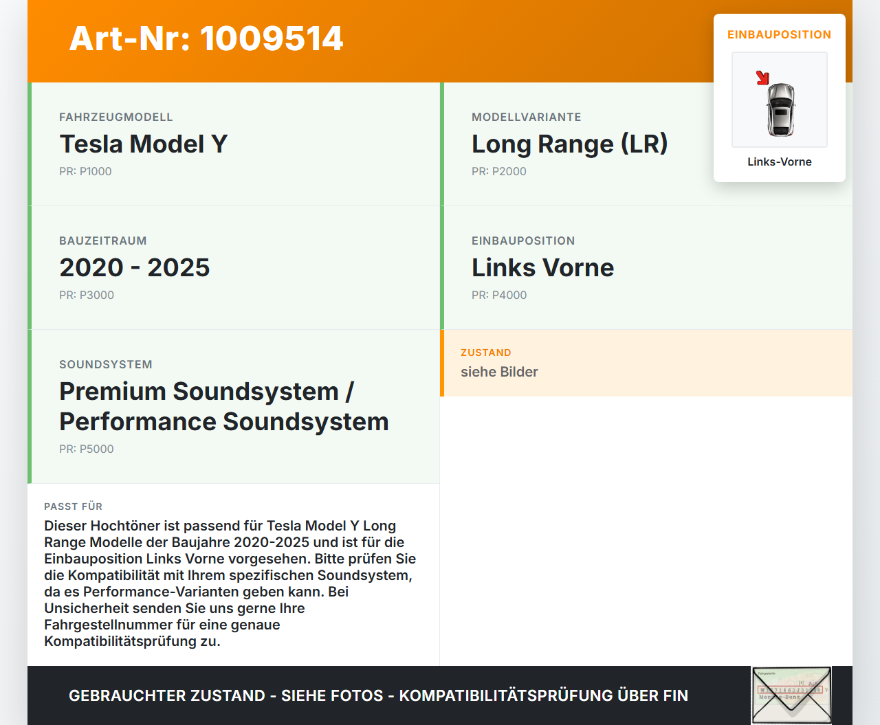 Tesla Model Y LR 20-25 5YJY Lautsprecher Hochtöner Tweeter Speaker Links Vorne Tesla Model Y LR 20-25 5YJY... Vorschau 3