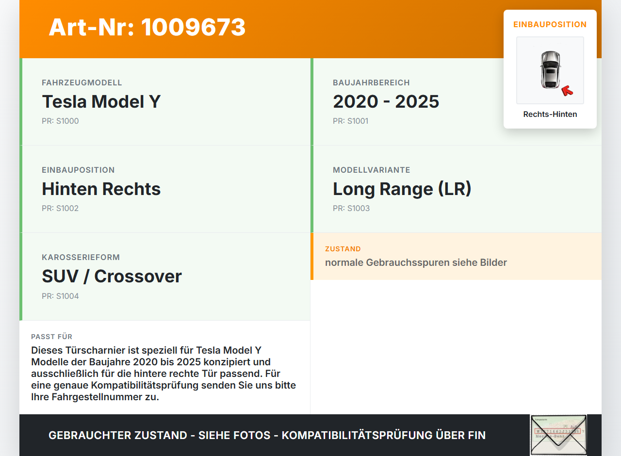 Tesla Model Y LR 20-25 5YJY Türscharnier Tür Scharnier Rechts Hinten Tesla Model Y LR 20-25 5YJY 01.06.2023 gebraucht Vorschau 3