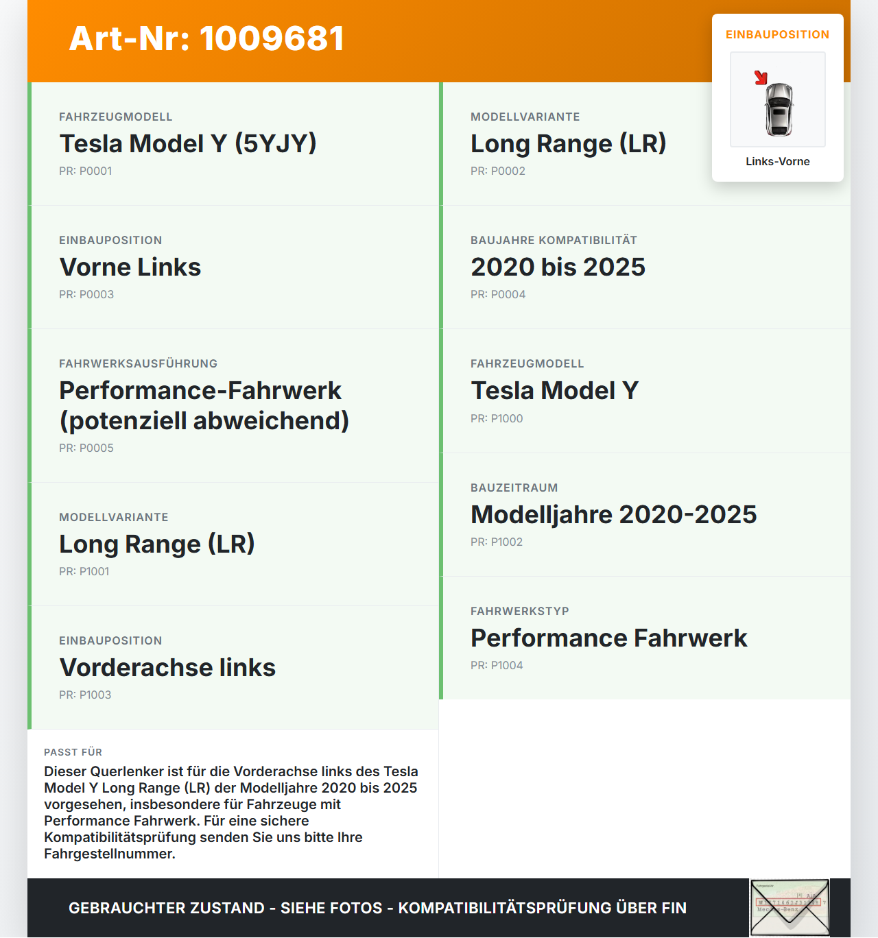 Tesla Model Y LR 20-25 5YJY Querlenker Links Vorne Tesla Model Y LR 20-25 5YJY 01.06.2023 1288354-99-B gebraucht Vorschau 3