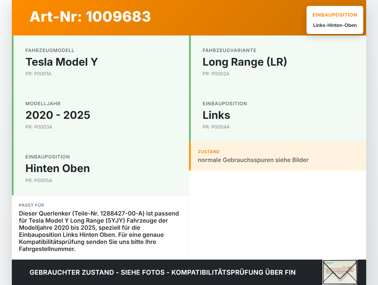 Tesla Model Y LR 20-25 5YJY Querlenker Links Hinten Oben Tesla Model Y LR 20-25 5YJY 01.06.2023 1288427-00-A gebraucht Vorschau 3