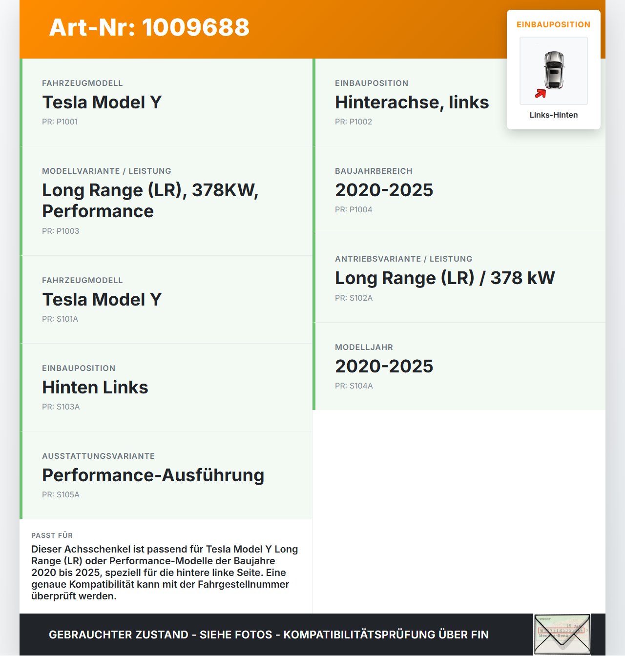 Tesla Model Y LR 20-25 5YJY   EV  378KW Achsschenkel Links Hinten Tesla Model Y LR 20-25 5YJY 01.06.2023... Vorschau 3