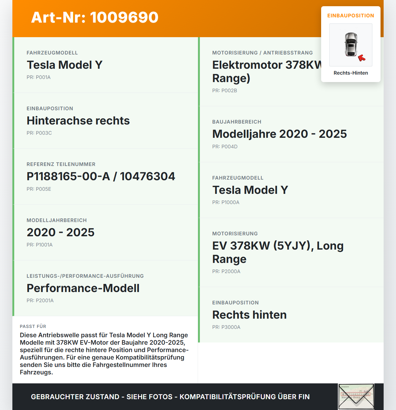 Tesla Model Y LR 20-25 5YJY   EV  378KW Antriebswelle Gelenkwelle Rechts Hinten Tesla Model Y LR 20-25 5YJY... Vorschau 3
