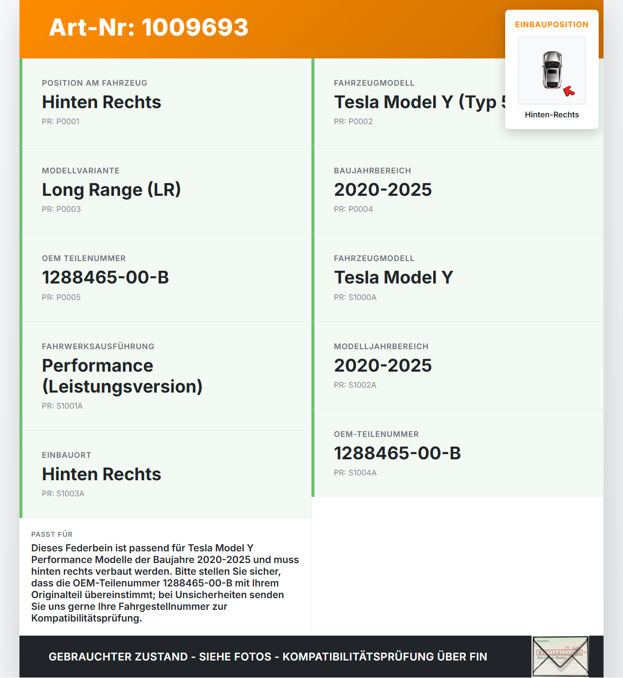 Tesla Model Y LR 20-25 5YJY Federbein Stossdämpfer Hinten Rechts Tesla Model Y LR 20-25 5YJY 01.06.2023... Vorschau 3