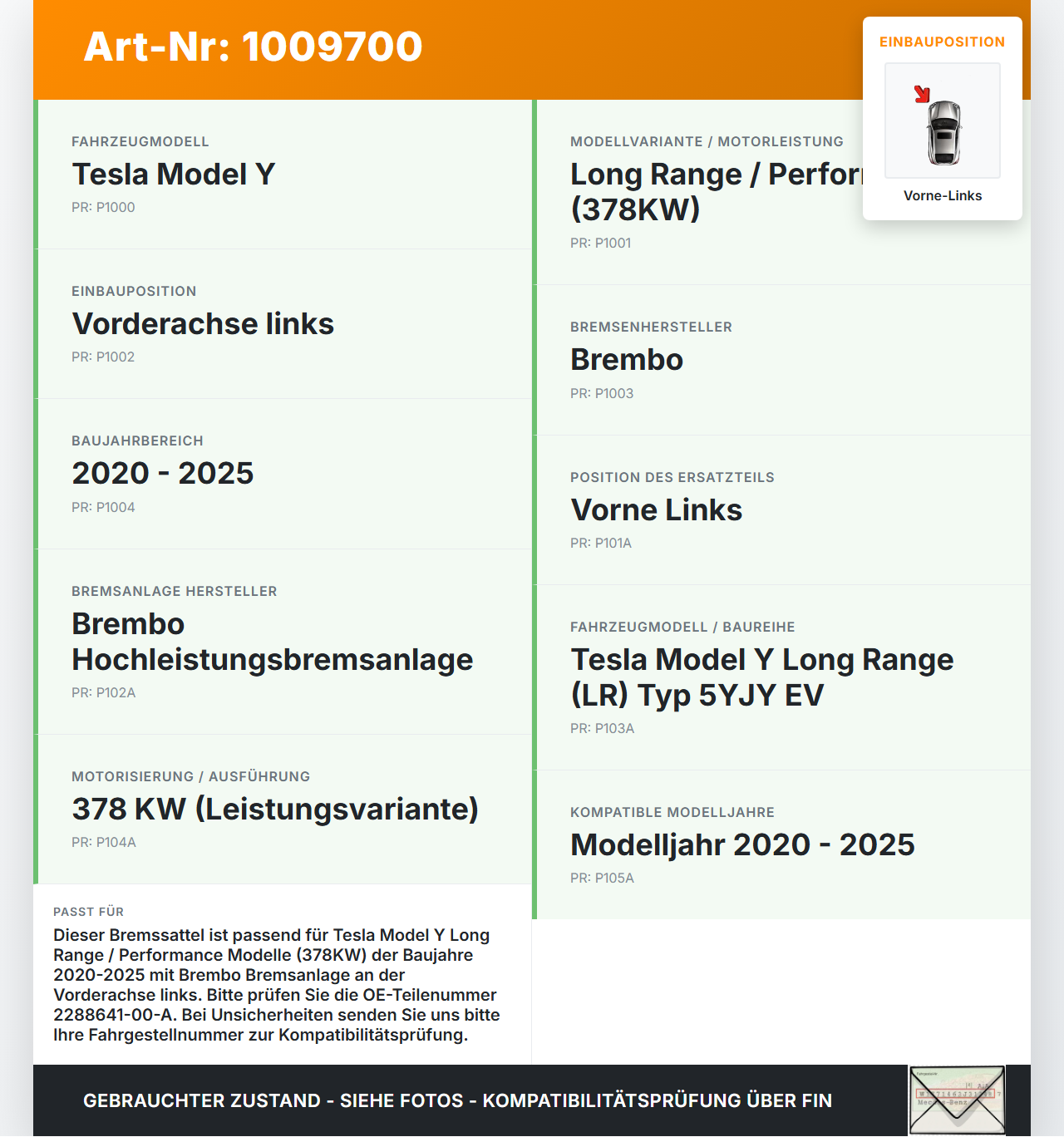 Tesla Model Y LR 20-25 5YJY  EV  378KW Bremssattel Bremszange Brembo Vorne Links Tesla Model Y LR 20-25 5YJY... Vorschau 3