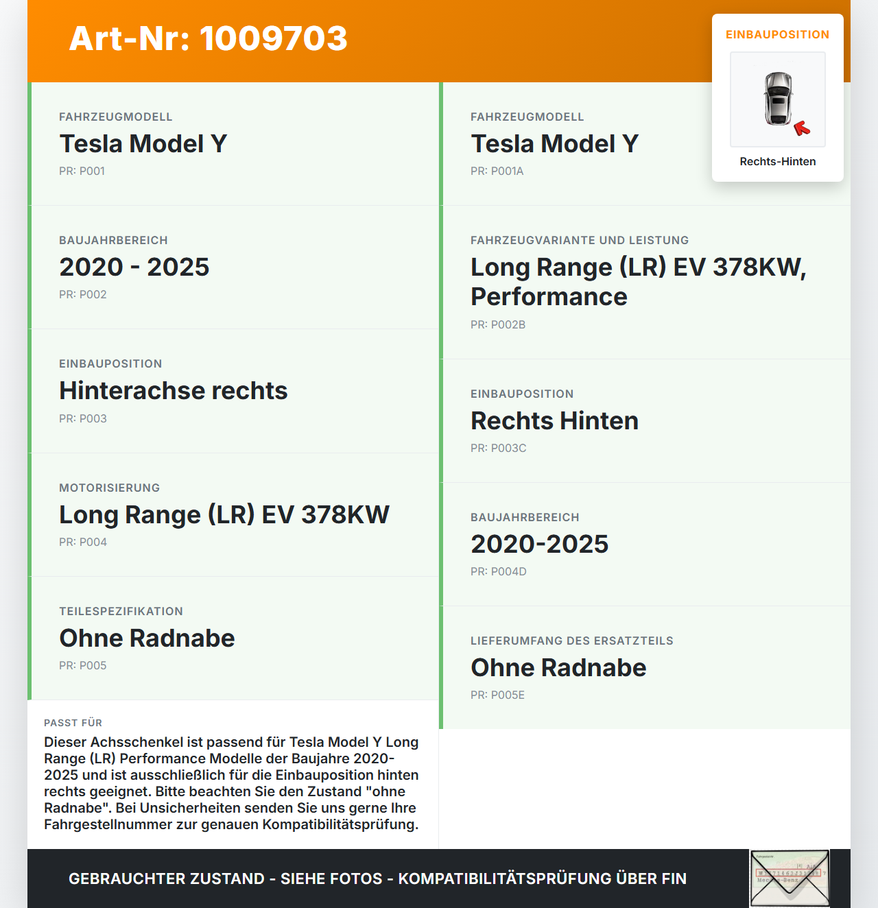 Tesla Model Y LR 20-25 5YJY   EV  378KW Achsschenkel Rechts Hinten Tesla Model Y LR 20-25 5YJY 01.06.2023... Vorschau 3