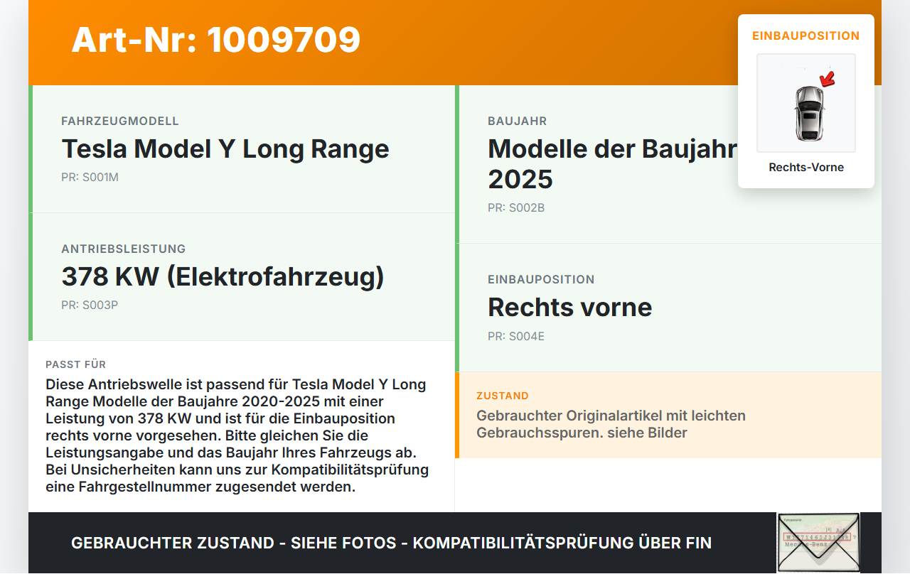 Tesla Model Y LR 20-25 5YJY  EV  378KW Antriebswelle Gelenkwelle Rechts Vorne Tesla Model Y LR 20-25 5YJY... Vorschau 3
