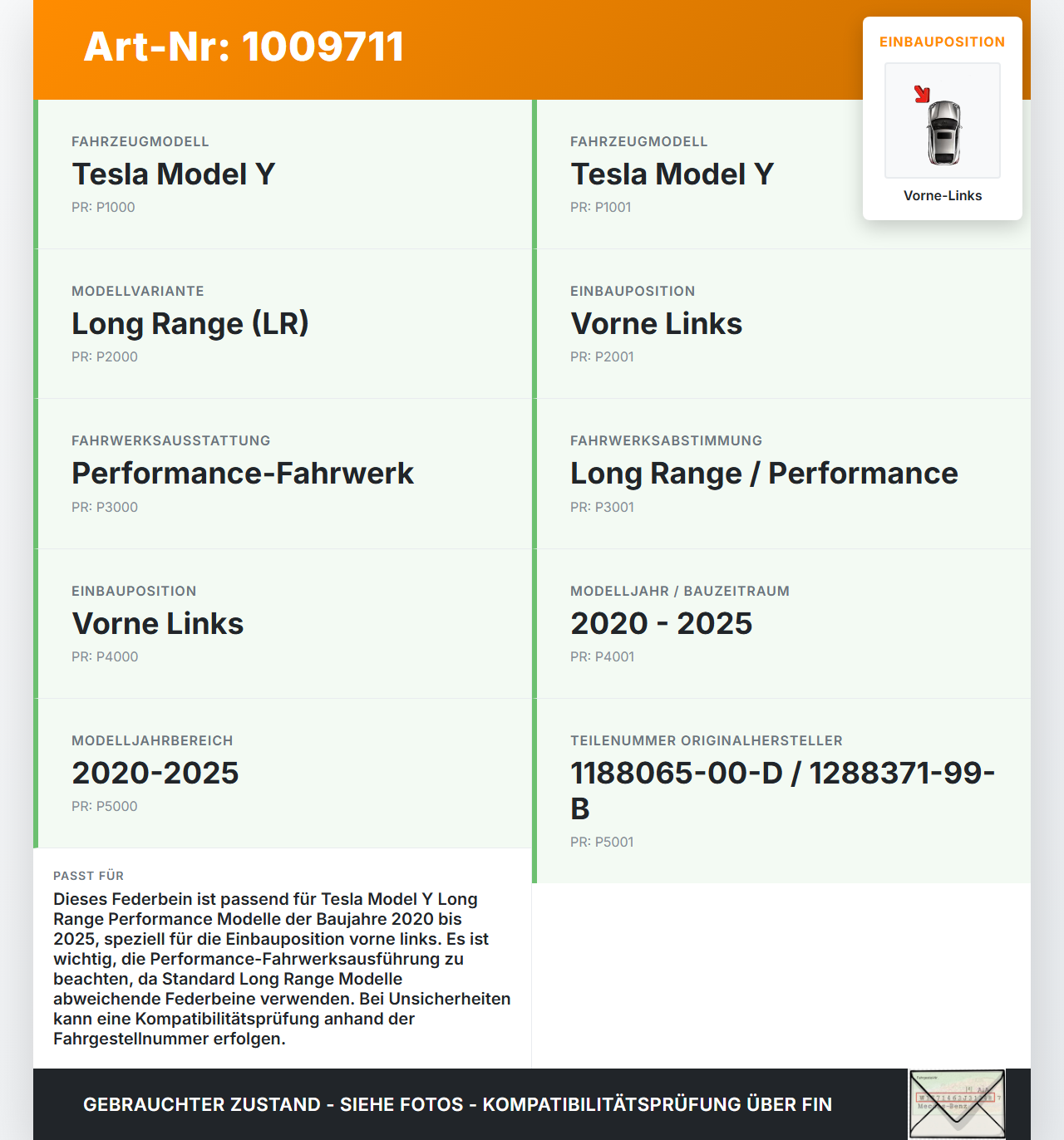 Tesla Model Y LR 20-25 5YJY Federbein Stossdämpfer Vorne Links Tesla Model Y LR 20-25 5YJY 01.06.2023 1188065-00-D... Vorschau 3