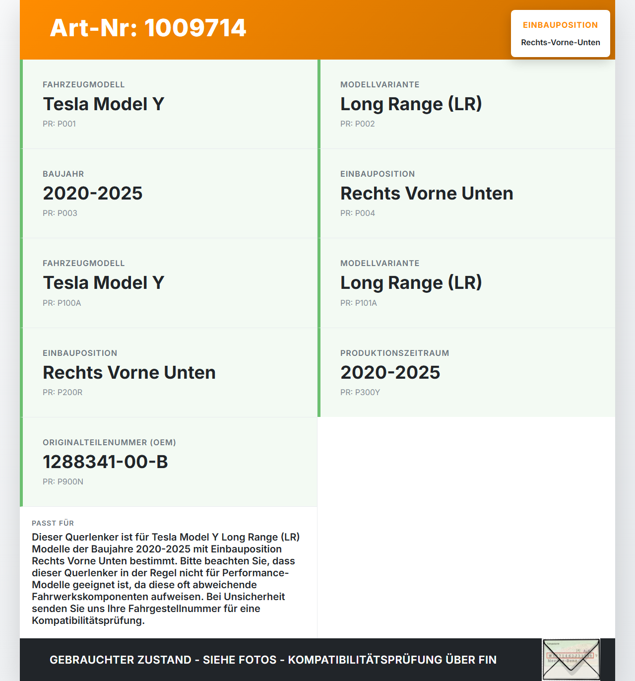 Tesla Model Y LR 20-25 5YJY Querlenker Rechts Vorne Unten Tesla Model Y LR 20-25 5YJY 01.06.2023 1288341-00-B gebraucht Vorschau 3