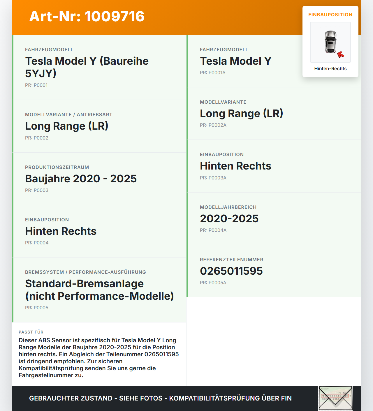 Tesla Model Y LR 20-25 5YJY ABS Sensor Raddrehzahlsensor Hinten Rechts Tesla Model Y LR 20-25 5YJY 01.06.2023... Vorschau 3