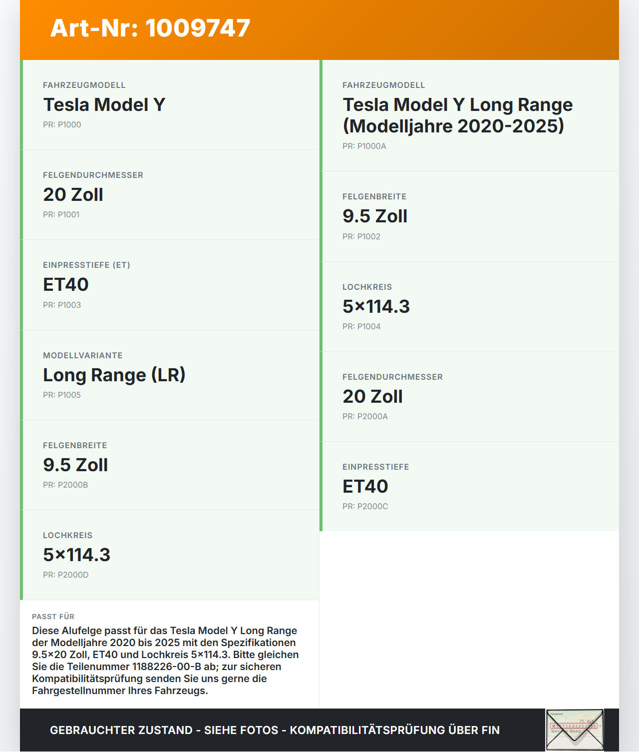 Tesla Model Y LR 20-25 5YJY 1x Felge Alufelge 5X114.3 9.5X20Zoll ET40 Tesla Model Y LR 20-25 5YJY 01.06.2023... Vorschau 3