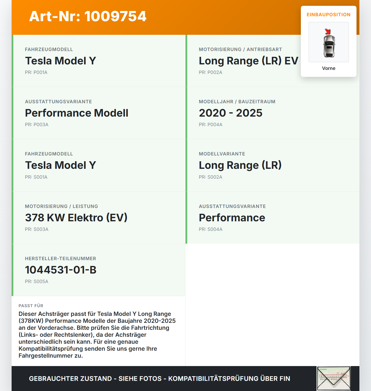 Tesla Model Y LR 20-25 5YJY  EV  378KW Achsträger Vorderachse Vorne Tesla Model Y LR 20-25 5YJY 01.06.2023... Vorschau 3